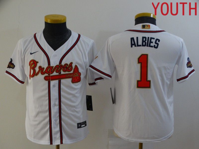 Youth Atlanta Braves #1 Albies White Gold Game Nike 2022 MLB Jersey->kansas city royals->MLB Jersey